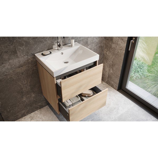 Mobile da lavabo di colore naturale con effetto rovere da appendere 61x65 cm Bodera – Germania-image-1