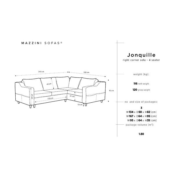 Divano letto grigio Jonquille per quattro persone, angolo destro - Mazzini Sofas-image-2