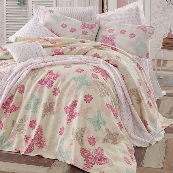 Copriletto in cotone leggero con federe e lenzuolo per letto matrimoniale Papillon, 200 x 235 cm - Mijolnir