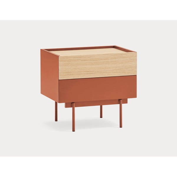 Comodino in rovere decorato in colore mattone-naturale Otto - Teulat-image-1