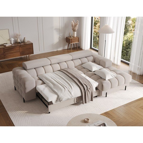 Divano angolare beige allungabile/con contenitore (con penisola a destra/con chaise lounge) e rivestimento in velluto Felro – ELTAP-image-4
