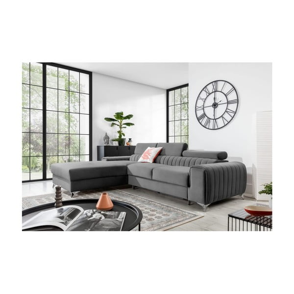 Divano angolare grigio allungabile/con contenitore (con penisola a sinistra/con chaise lounge) e rivestimento in velluto Grayson – ELTAP-image-1