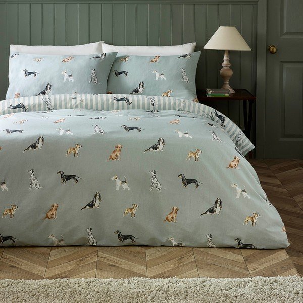Set copripiumino e federa verde per letto singolo 135x200 cm Dog Stripe – Catherine Lansfield-image-1