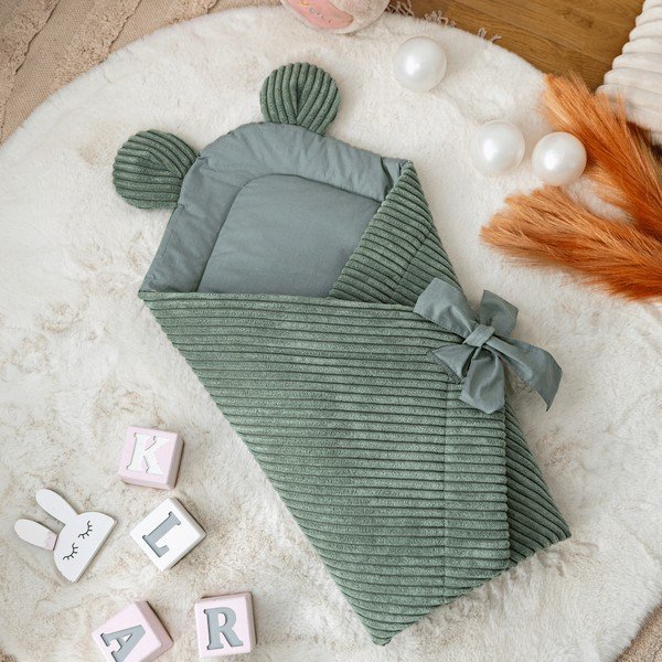 Copertina per neonati verde in velluto a coste 35x65 cm – Meowbaby-image-1