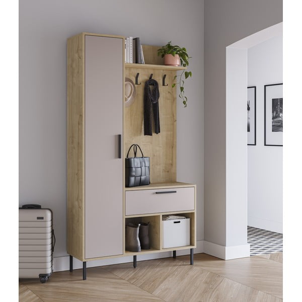 Set da ingresso effetto rovere con decoro crema-naturale 108x195x35 cm Heidy - Marckeric-image-1