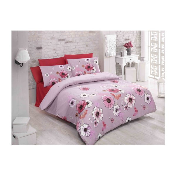 Biancheria da letto in cotone con lenzuolo e 2 federe per letto matrimoniale Fleur, 200 x 220 cm - Mijolnir