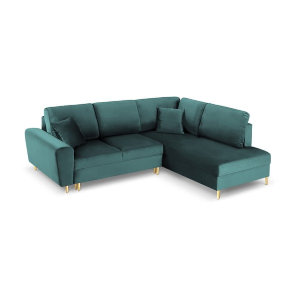 Divano angolare color petrolio allungabile e con contenitore (con penisola a destra/a L) con rivestimento in velluto Kyoto – Cosmopolitan Design-image-1