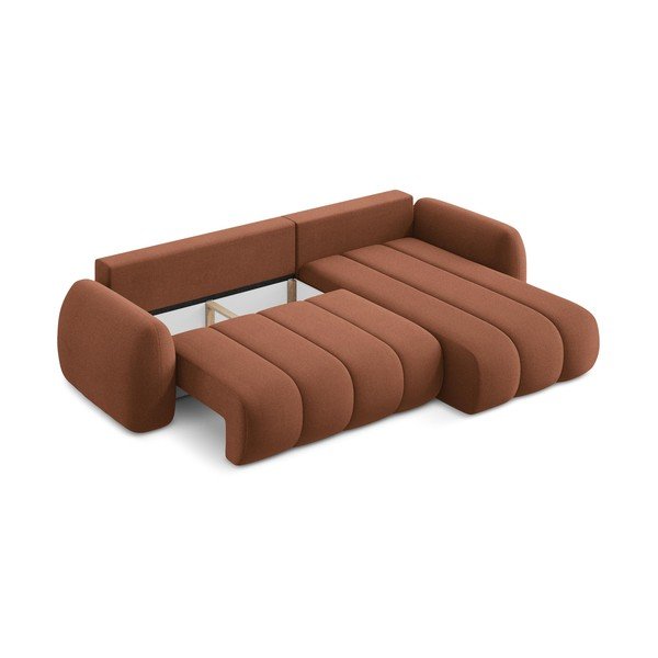 Divano angolare color terracotta allungabile/con contenitore (con penisola a destra/con chaise lounge) con rivestimento in bouclé Pele – Makamii-image-3