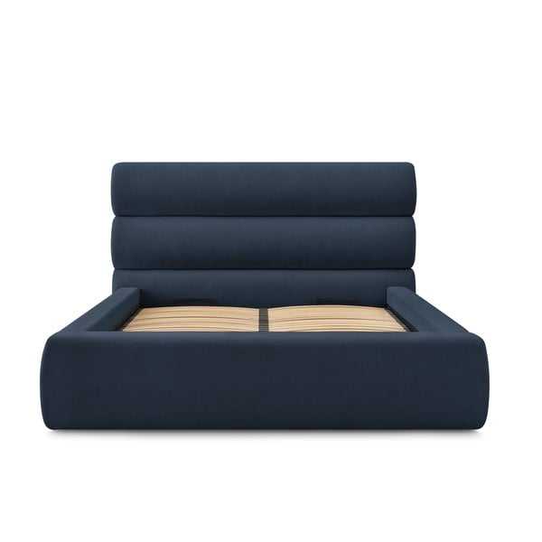 Letto matrimoniale imbottito blu scuro con contenitore con griglia 160x200 cm Jagna - Bobochic Paris-image-3