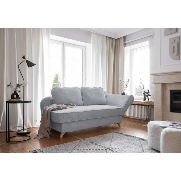 Chaise longue grigio chiaro (con penisola a destra) con rivestimento in velluto a coste Chic Charlotte – Miuform-image-4
