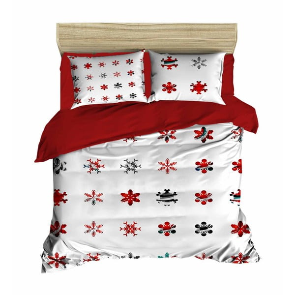 Set di lenzuola e biancheria per letto matrimoniale Christmas Snowlakes Red, 200 x 220 cm - Mijolnir
