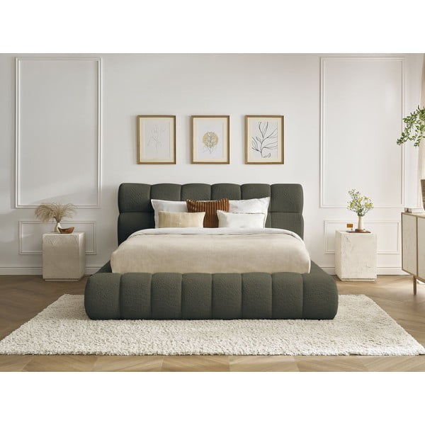 Letto matrimoniale imbottito verde contenitore e rete inclusi 160x200 cm Mont Blanc - Bobochic Paris-image-1