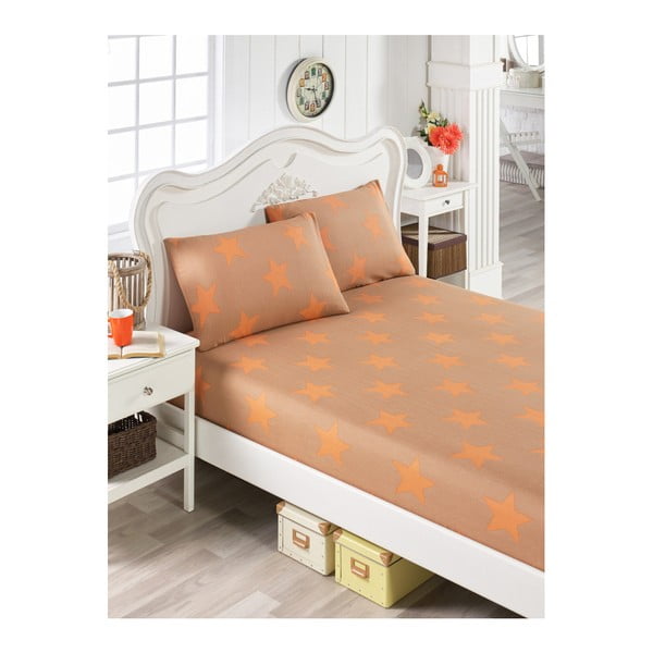 Set di lenzuola e 2 federe arancioni per letto matrimoniale Stars Lusno, 160 x 200 cm - Mijolnir