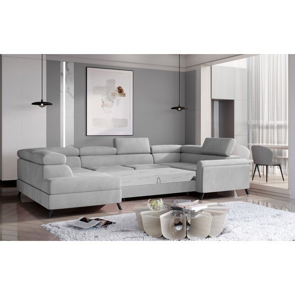 Divano angolare grigio chiaro allungabile/con contenitore (con penisola a sinistra/a U) e rivestimento in velluto Escada – ELTAP-image-3