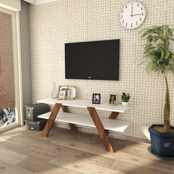 Tavolo TV bianco/naturale in noce 120x33 cm Basic - Kalune Design-image-3