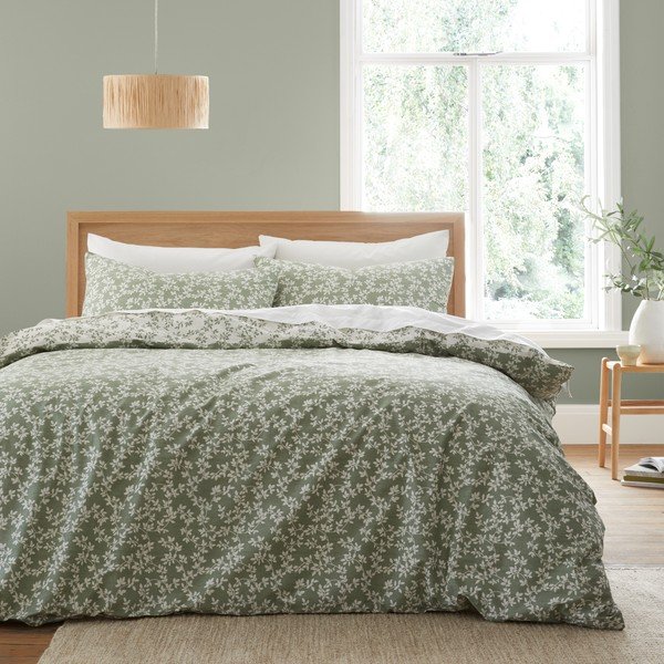 Set copripiumino e federa verde in percalle di cotone per letto matrimoniale/per letto esteso 3 pezzi 230x220 cm Shadow Leaves – Bianca-image-1