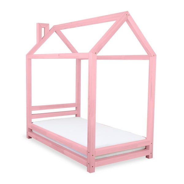 Lettino rosa per bambini in legno di abete Happy, 90 x 200 cm - Benlemi