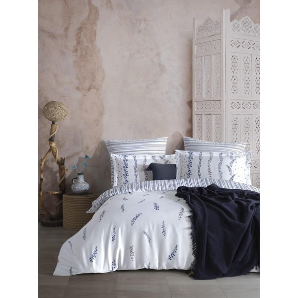 Set copripiumino e federa bianco/blu in raso di cotone per letto matrimoniale ed esteso 240x220 cm Marseille Floral – Mila Home Luxury