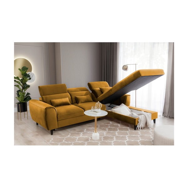 Divano angolare giallo allungabile/con contenitore (con penisola a destra/con chaise lounge) e rivestimento in velluto Foble – ELTAP-image-4