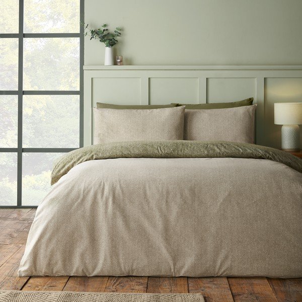 Set copripiumino e federa verde in flanella per letto matrimoniale 200x200 cm Brushed Herringbone – Catherine Lansfield-image-1