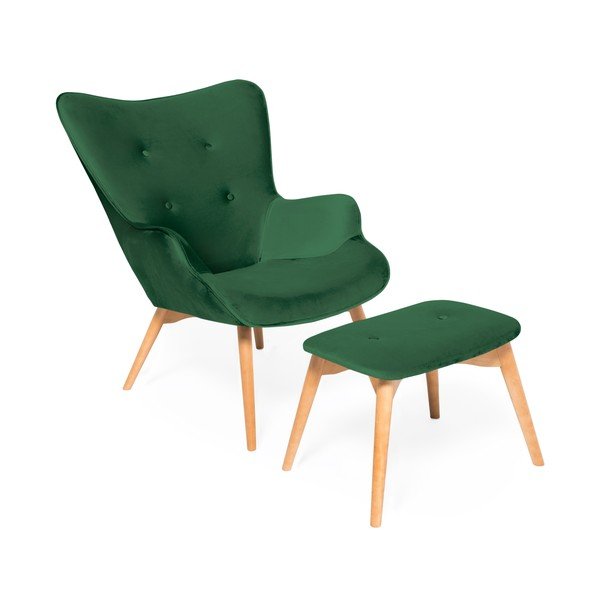 Poltrona e poggiapiedi verde smeraldo con base in colore naturale Cora Velvet - Vivonita