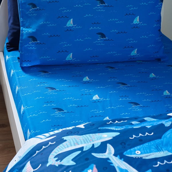 Lenzuolo con angoli per bambini blu per letto singolo 90x190 cm Jawsome Shark – Catherine Lansfield-image-1