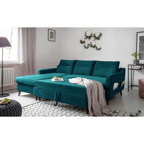 Divano letto angolare in velluto turchese, angolo sinistro Stylish Stan - Miuform-image-4