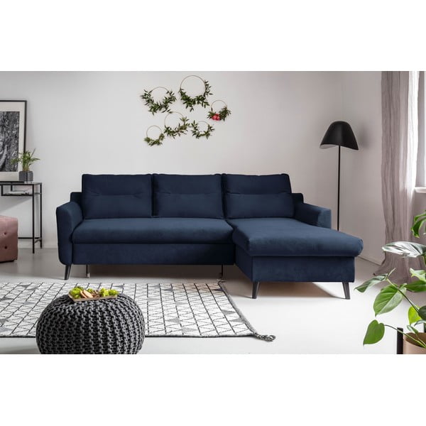 Divano letto angolare in velluto blu scuro, angolo destro Stylish Stan - Miuform-image-1