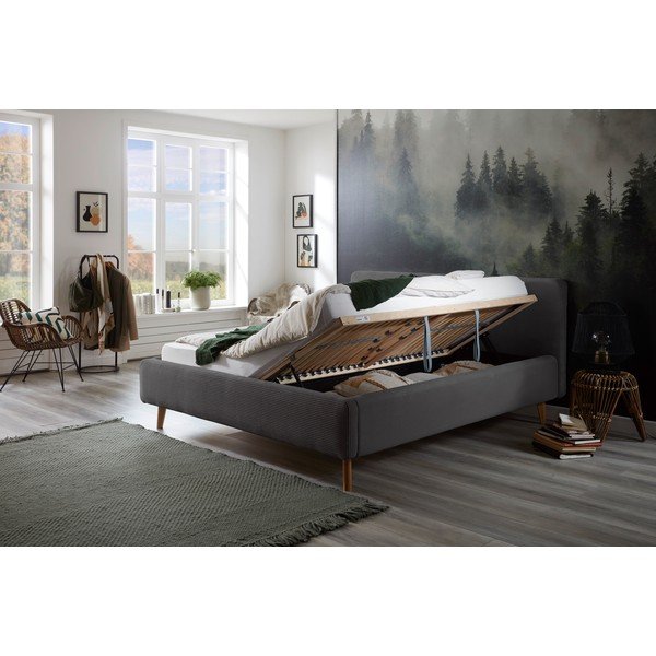 Letto matrimoniale imbottito grigio scuro con contenitore con rete inclusa 180x200 cm Mattis Cord – Meise Möbel-image-1