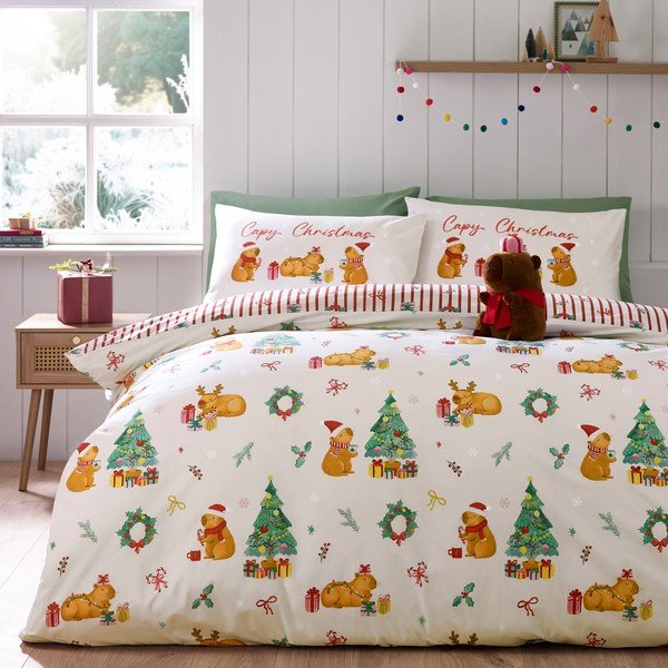 Set copripiumino e federa di colore naturale per letto singolo 135x200 cm Capy Christmas – Catherine Lansfield-image-2