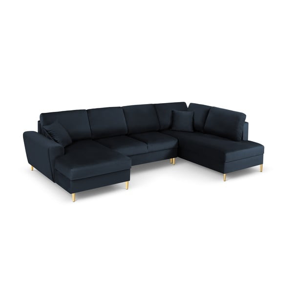 Divano angolare blu scuro allungabile e con contenitore (con penisola a destra/a U) con rivestimento in velluto Kyoto – Cosmopolitan Design-image-1