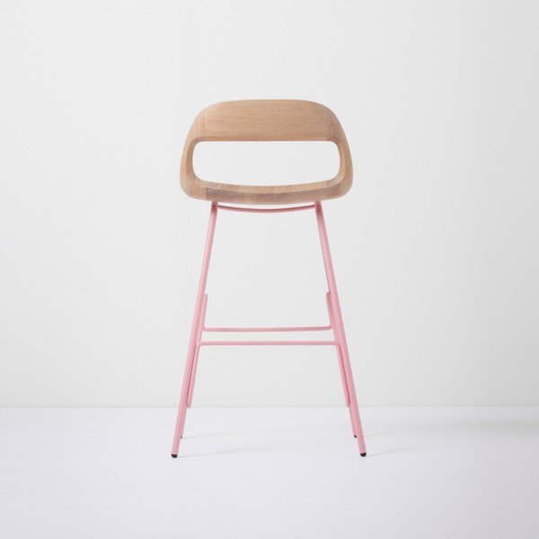 Sgabello da bar con seduta in rovere massiccio e gambe rosa , altezza 84 cm Leina - Gazzda-image-3