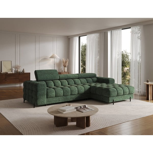 Divano angolare verde allungabile/con contenitore (con penisola a destra/con chaise lounge) con rivestimento in bouclé Felro – ELTAP-image-3