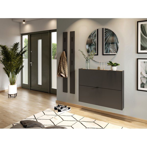 Scarpiera color antracite con effetto rovere con ante ribaltabili/da parete 100x83x18 cm Ameca – Germania-image-1