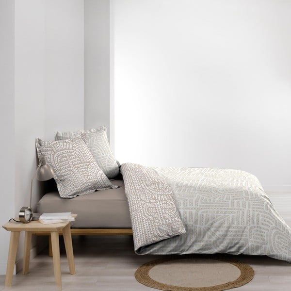 Set copripiumino e federa bianco/beige in percalle di cotone per letto matrimoniale ed esteso 240x220 cm Eliot – douceur d'intérieur-image-1