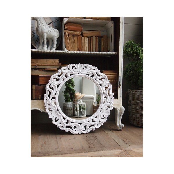 Zrcadlo s rámem z mangového dřeva Orchidea Milano Antique White, 70 cm
