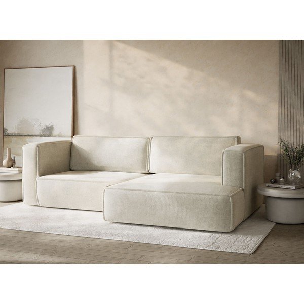 Divano angolare color crema allungabile/con contenitore (con penisola a destra/con chaise lounge) con rivestimento in ciniglia Velto – Maison de Rêve-image-4