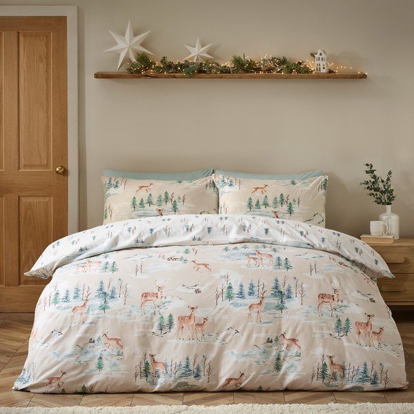 Set copripiumino e federa di colore naturale in flanella per letto singolo 135x200 cm Brushed Christmas Deer – Catherine Lansfield-image-2