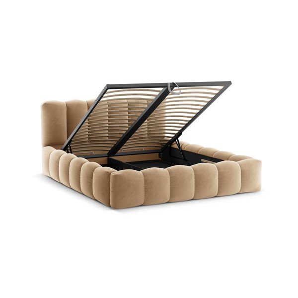 Letto matrimoniale imbottito marrone chiaro con contenitore con rete inclusa 160x200 cm Lupine – Micadoni -image-4