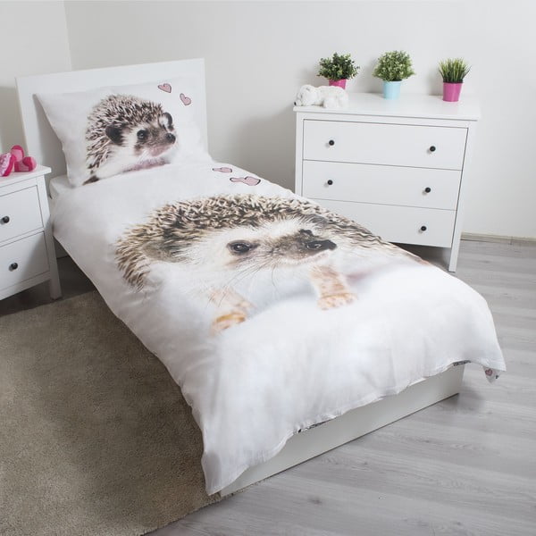 Set copripiumino e federa da bambini bianco/marrone in cotone per letto singolo 140x200 cm Hedgehog – Jerry Fabrics-image-1