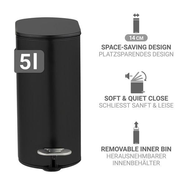 Cestino per la spazzatura nero opaco in acciaio con pedale 5 l Collungo – Wenko-image-2