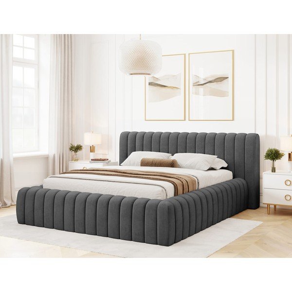 Letto matrimoniale imbottito grigio scuro con contenitore e rete inclusi 160x200 cm Carilla – ELTAP-image-1