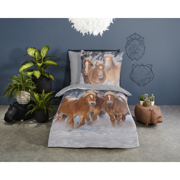 Biancheria da letto per bambini grigia in flanella per letto singolo 140x200 cm Happy Horses – Good Morning-image-1