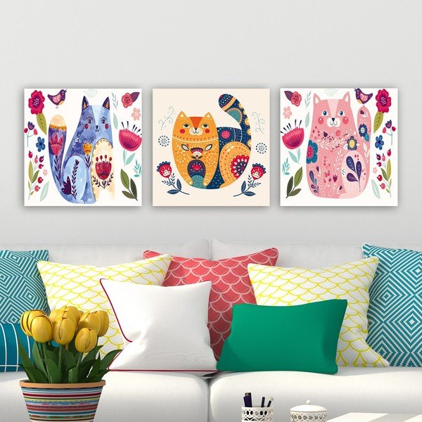 Quadri per bambini in set da 3 30x30 cm Cats - Wallity-image-1