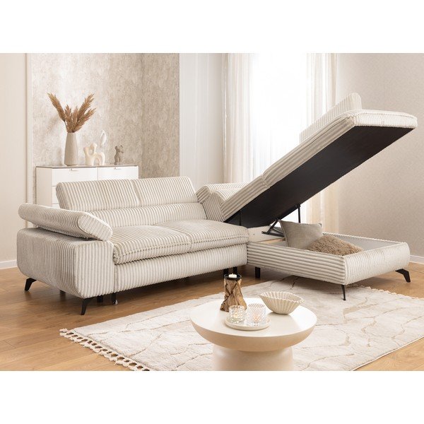 Divano angolare color crema (con penisola a destra/a L) con rivestimento in velluto a coste Marbeya  – Ropez-image-4