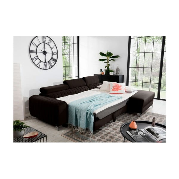 Divano angolare marrone scuro allungabile/con contenitore (con penisola a destra/con chaise lounge) e rivestimento in velluto Grayson – ELTAP-image-4