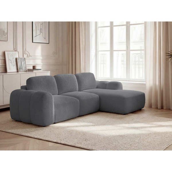 Divano angolare grigio allungabile/con contenitore (con penisola a destra/con chaise lounge) con rivestimento in bouclé Montaigne – Bobochic Paris-image-1