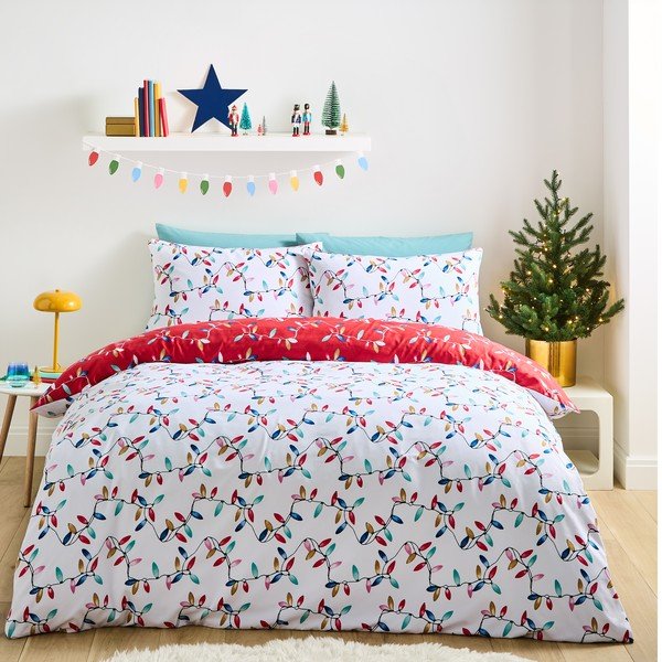 Biancheria da letto singola in microfibra rossa 135x200 cm Christmas Lights - Catherine Lansfield-image-1