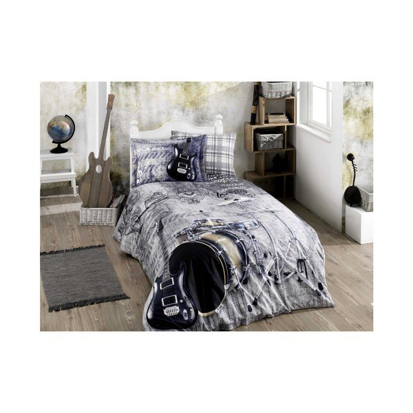 Biancheria da letto in popeline di cotone con lenzuolo per letto matrimoniale Rock Music Grey, 160 x 220 cm - Mijolnir
