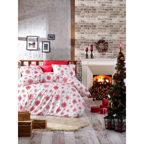 Lenzuola con lenzuolo per un letto singolo in cotone ranzato Nazenin Home Snow Red, 140 x 200 cm - Mijolnir